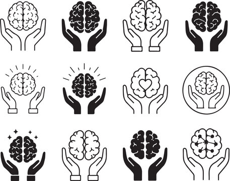 Set of black and white icons showing human brains held in open human hands