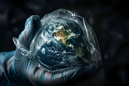 Gloved hand protecting earth with plastic wrap symbolizing environmental concern