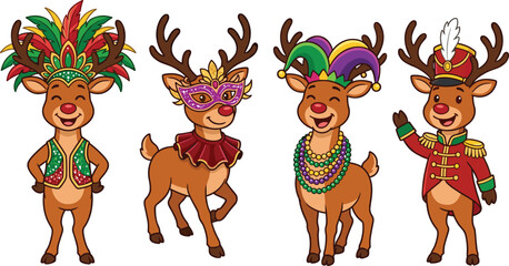 Naklejka premium Carnival Reindeer Character Collection with Festive Costumes Masks Beads and Parade Outfit Cartoon Vector Illustration Set