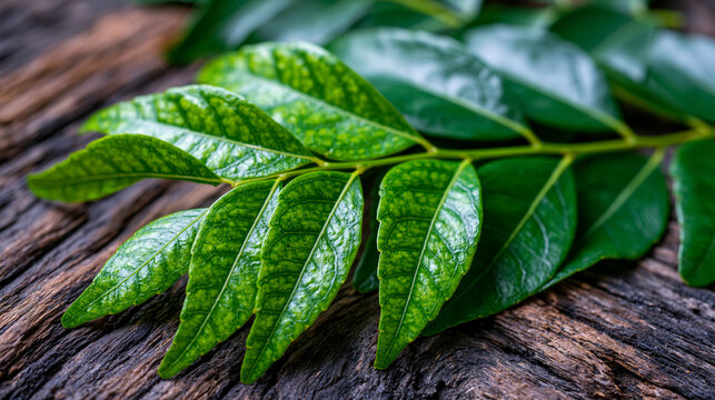 Fresh curry leaf Murraya koenigii glossy branch macro detail study on dark weathered teak wood plank surface, pinnate compound leaf venation texture detail, South Indian Sri Lankan culinary ingredie