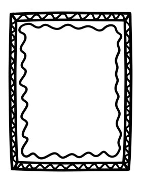 Hand drawn doodle rectangle frame with thick black outline, scalloped inner border and dotted decorative details. Black and white outline clipart isolated on transparent background