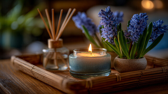 Aromatic reed diffuser and lit candle with blue hyacinth flowers on a wooden tray