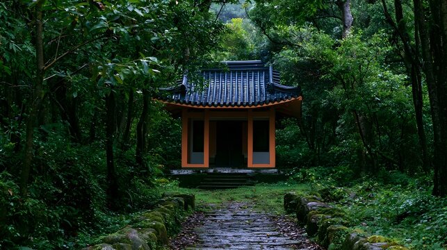 A vibrant and dramatic photograph of a remote forest temple capturing the essence of wanderlust and mystical nature