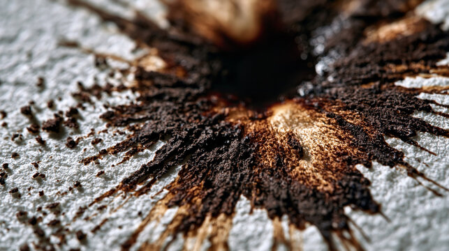 Ink blotter surface showing absorbed spread pattern, radial capillary stain blooming across thick absorbent stock, fountain pen overflow impression, desk pad inkwell spill texture, vintage writing d