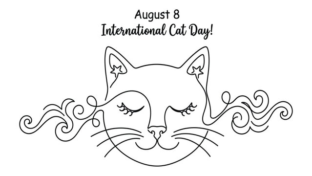 Cat face is drawn with a single continuous line to commemorate the international feline celebration date.