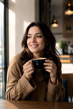 Smiling young woman drinking coffee in cafe, happy female holding cup of latte by window, cozy morning atmosphere in modern coffee shop