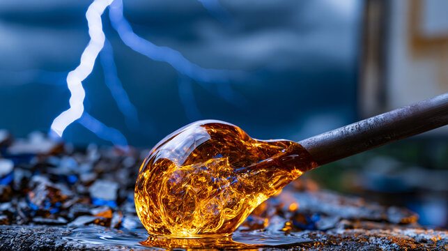 Molten borosilicate glass gather on steel blowpipe tip glowing amber at furnace mouth, dramatic storm background contrast against incandescent gather surface, glassblowing studio refractory brick vi
