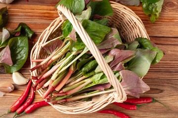 Fresh Fish Mint Leaves in Basket with Chili Peppers © NguyenNhat