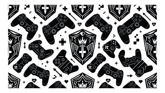 Gaming controllers and knight shields form a repeating black and white pattern for digital backgrounds.