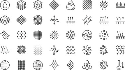 Fabric feature and breathable material line icons set with layers fiber mesh absorption water resistance airflow and textile property symbols for mattress and clothing. © Akter
