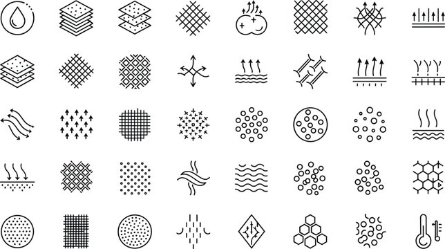 Fabric feature and breathable material line icons set with layers fiber mesh absorption water resistance airflow and textile property symbols for mattress and clothing.