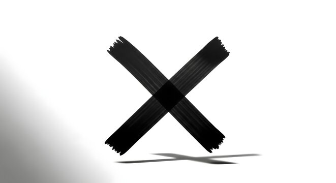 Black tape cross on a white background with a shadow on the floor.