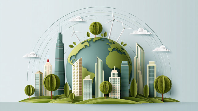 Green Cities Earth Day Concept Sustainable Urban Environment with Eco Friendly Buildings and Renewable Energy