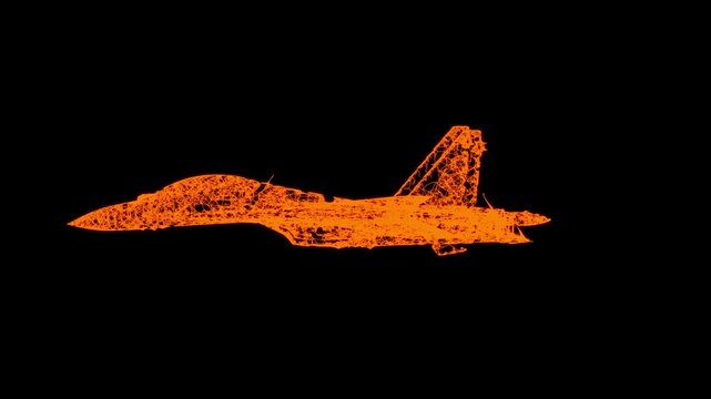 Fighter jet military aircraft flying. Wireframe low poly mesh. Available in FullHD and 4K video