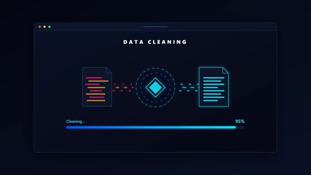 Data cleaning process animation: digital file transformation and progress bar ui