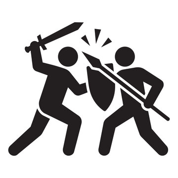 Two people fighting with swords and shield in a combat scene