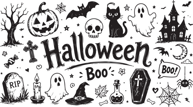 Set of hand drawn halloween doodle icons with pumpkin ghost cat and spooky house