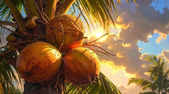 Fresh coconuts hanging on a palm tree at golden sunset