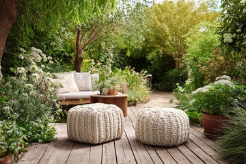 Fototapeta premium garden seating with soft macrame poufs