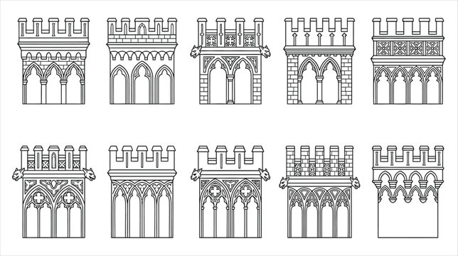 A set of 10 gothic parapet outlines on a white background