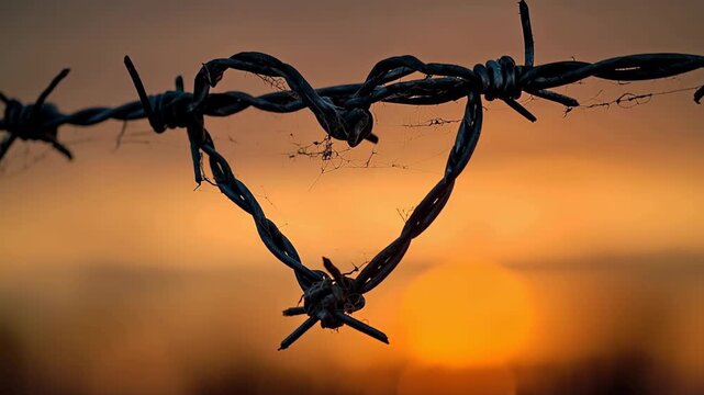 Barbed wire shaped into a heart at sunset, Barbed wire formed into a heart shape against a vibrant sunset backdrop