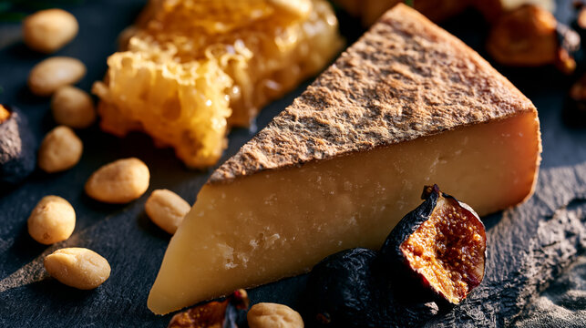 Artisan cheese board aerial composition featuring aged comt&eacute; wedge, honeycomb section, marcona almonds and dried figs arranged with negative space discipline, slate surface absorbing raking light, d