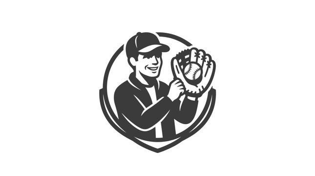 Baseball catcher emblem with glove and ball icon.