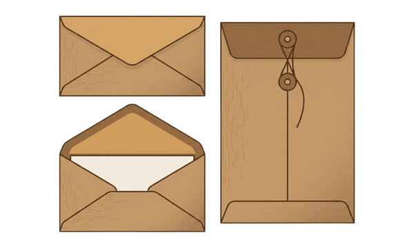 Vintage brown kraft envelope vector set with open, closed, and string tie closure document packaging layout