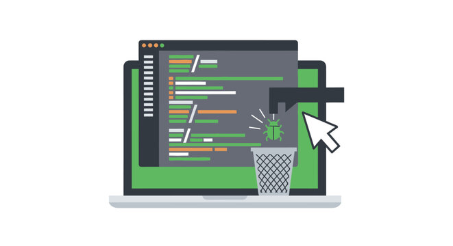 Software Debugging and Bug Fixing Flat Illustration. Laptop Screen with Code, Insect Bug being Moved to Trash Can for Quality Assurance and Programming Error Correction.