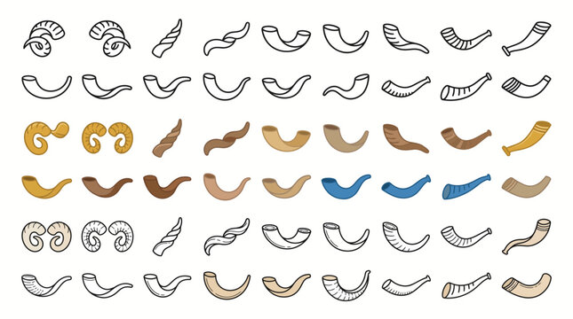 Traditional Jewish Shofar Icon Collection for Rosh Hashanah and Yom Kippur Celebrations