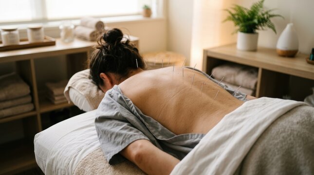 Woman receiving acupuncture treatment on her back in a serene spa setting