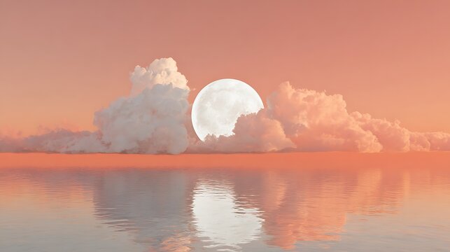Full moon rising over calm water with orange and pink gradient sky and wispy clouds