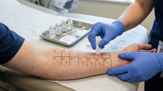 Allergist performs skin prick test on patient's arm to identify allergens