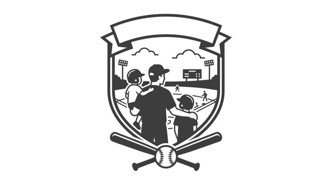 Baseball stadium field crest with players and crossed bats.