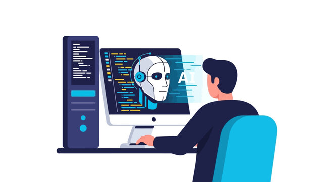 Software Developer Working on Artificial Intelligence and Machine Learning Programming Illustration