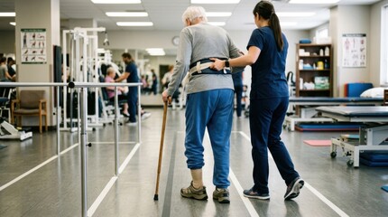 Fototapeta premium Physical therapy session with elderly patient and caregiver in rehabilitation center