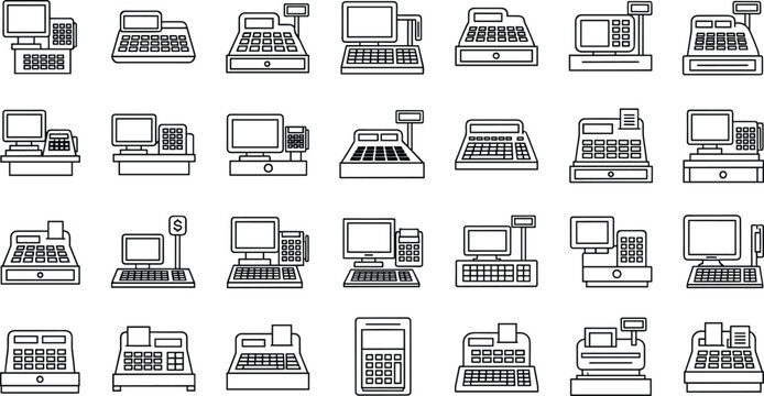 Cash register and retail POS terminal line icons set with electronic payment checkout desk store market supermarket commercial business equipment vector design
