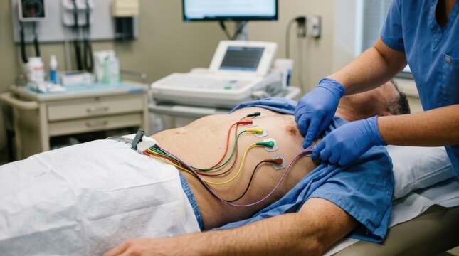 Nurse attaches electrodes to patient's chest for an electrocardiogram test