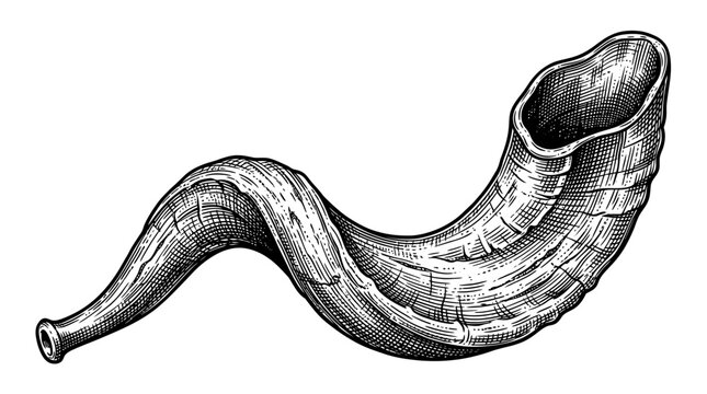 Vintage Engraving Style Shofar Horn Vector Illustration Isolated on White Background