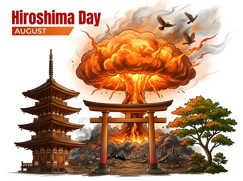 Mushroom Cloud Explosion Over Traditional Pagoda in Dramatic Illustration Style