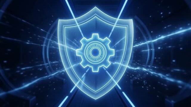 Vibrant glowing blue digital shield with an internal gear icon ultimate technology security, robust data protection
