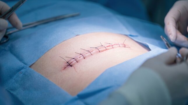Surgeon's hands carefully stitching a fresh surgical incision on a patient's skin