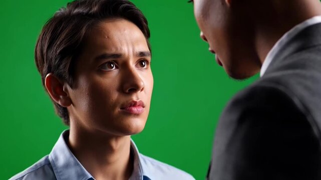 Distressed young man talking to businessman against green screen background.