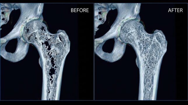 3D CT scan comparison of hip bone before and after treatment for osteoporosis