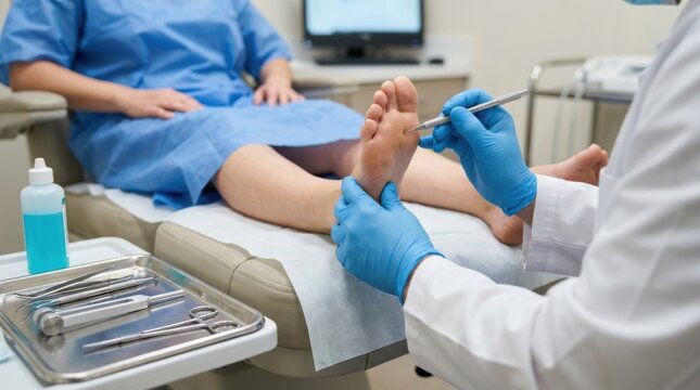 Podiatrist examining patient's foot with medical instruments in clinic