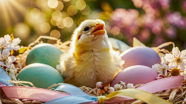 Cute yellow chick sits in a nest with colorful easter eggs. Small baby chick rests near flowers during spring holiday. Fluffy bird celebrates easter season in nature. Little animal looks happy.