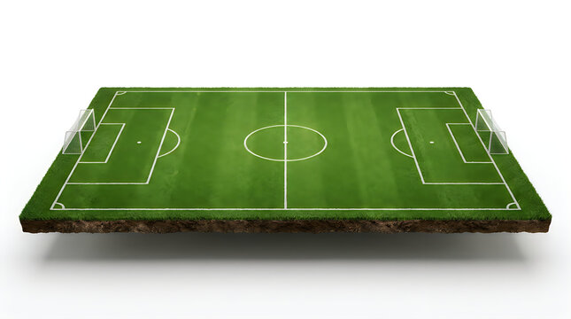 Soccer field with goals on green turf isolated on white background