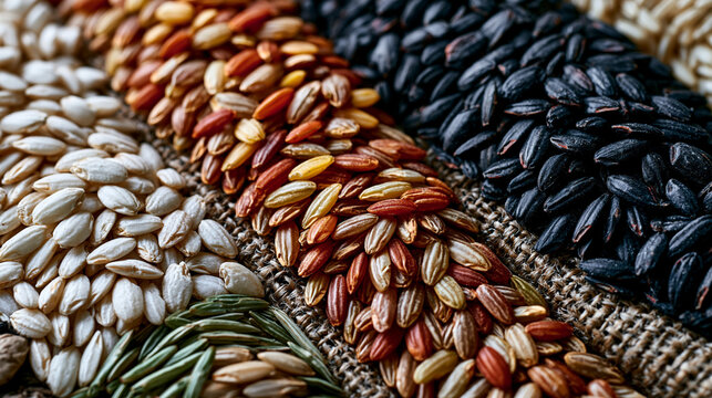 Heritage grain rice varieties arranged in parallel rows on raw linen flat lay, jasmine arborio and forbidden rice kernels compared at macro level, agricultural taxonomy reference for whole food pack