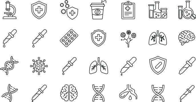 Medical virology immunology and laboratory line icons set with virus cell lungs brain dna immune shield pipette microscope flask capsule healthcare vector design