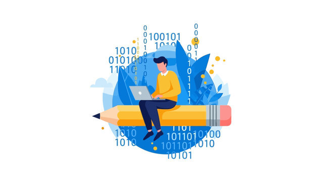 Digital Content Creation and Copywriting Concept with a Man Sitting on a Giant Pencil Working on a Laptop with Binary Code Background
